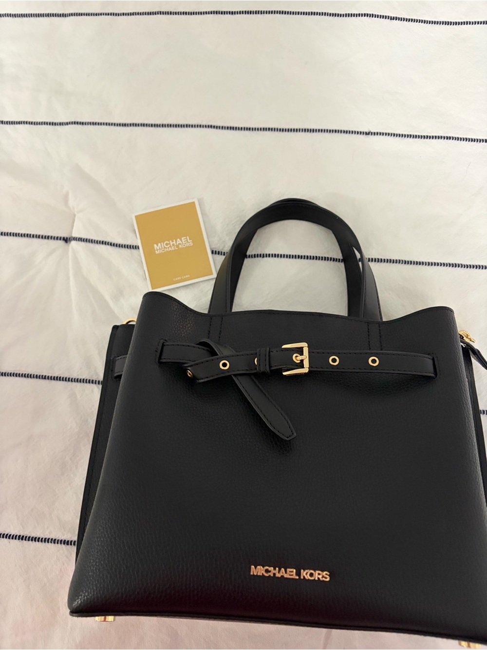 Michael Kors Black Carson Belted Satchel Handbag Gold Hardware Excellent